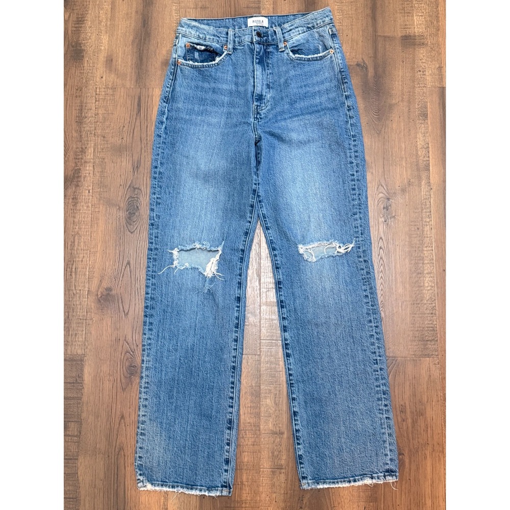 Pistola Distressed High Rise Straight Leg Jeans Medium Wash Size 29